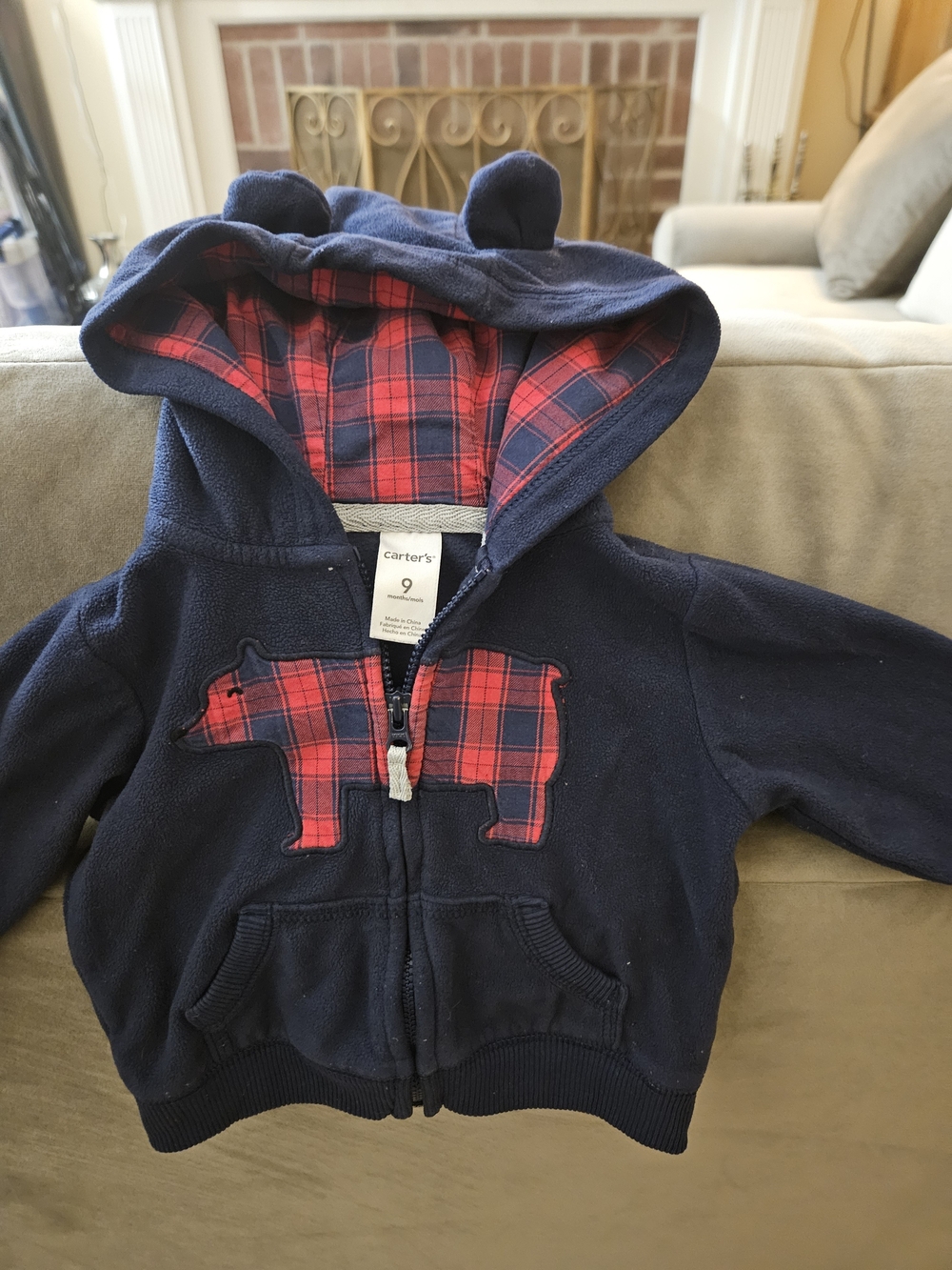Carter's Navy Hoodie with Red Plaid Lined Hood & Appliqué